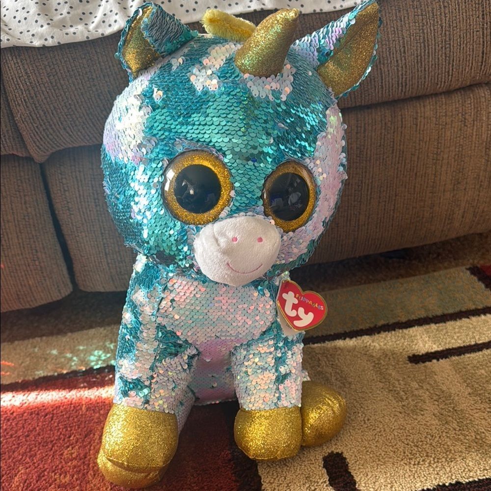 Ty Blue and Gold Unicorn Plush Toy with Sparkly Texture